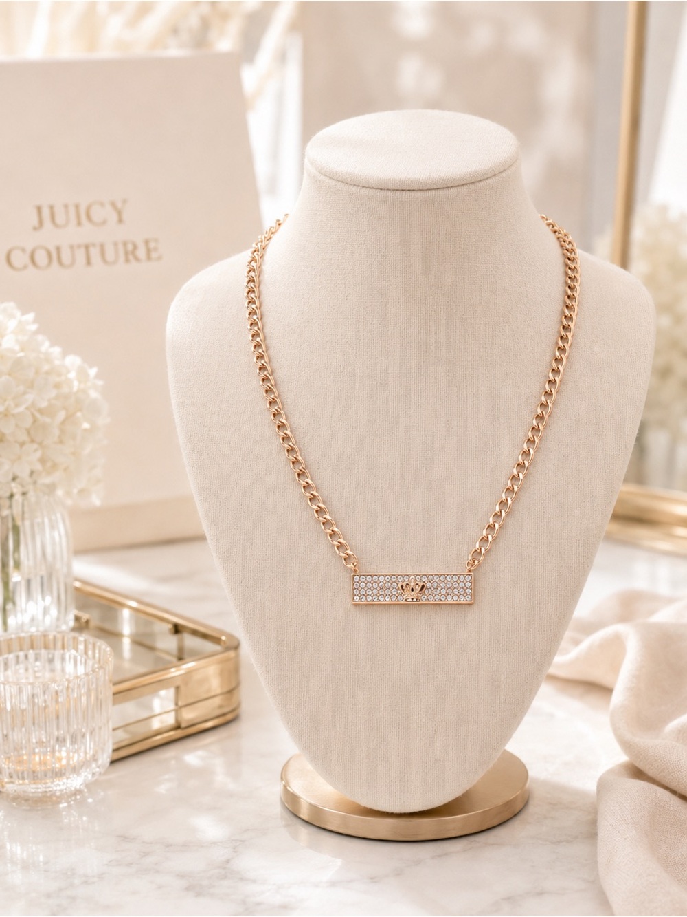 Juicy Couture Rose Gold Tone Crystal Bar Necklace Crown Charm Glam Statement NWT